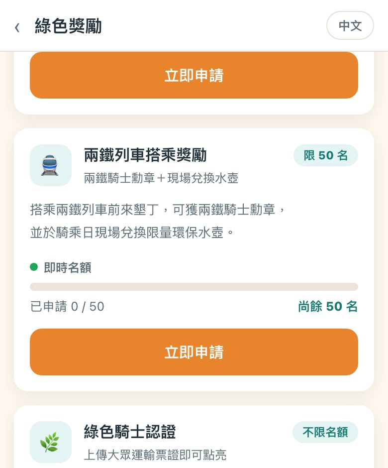 兌換好禮頁兩鐵列車獎勵卡，紅框標出即時名額水位